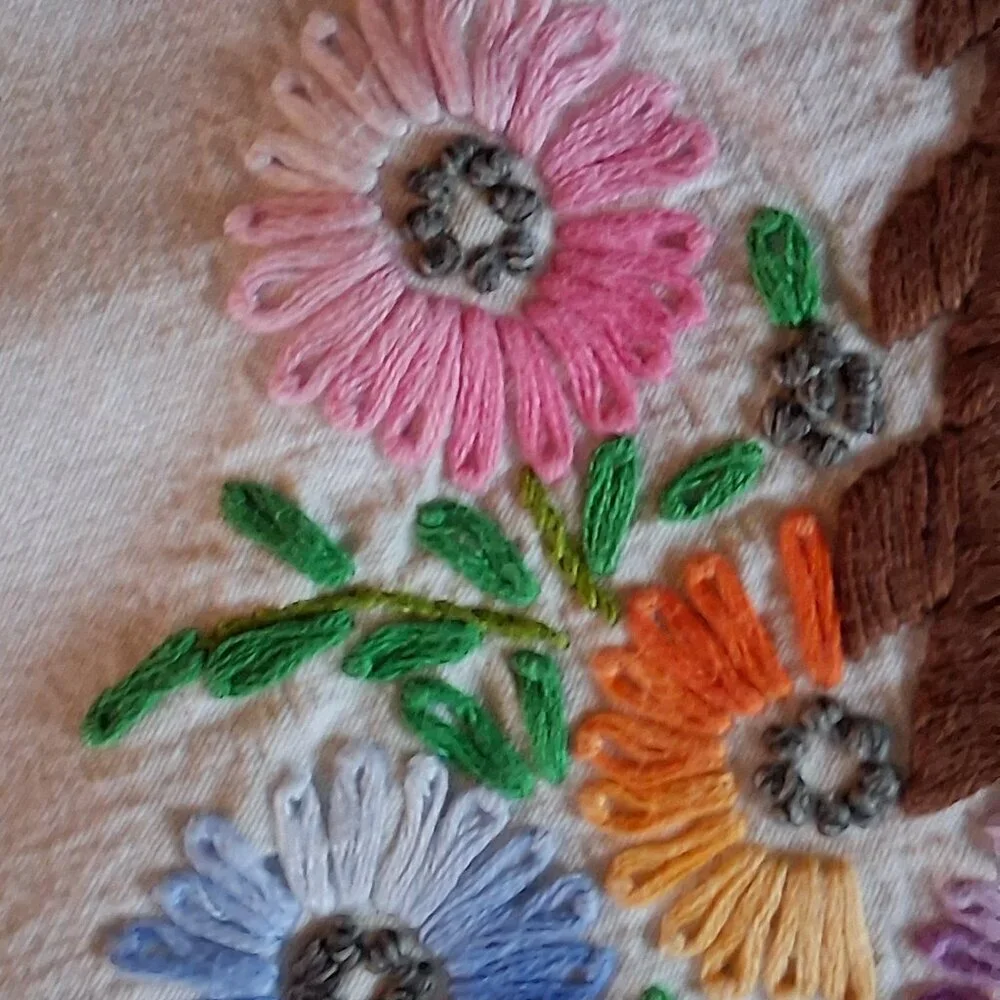 Vintage 1950s Hand Embroidered Easter Basket Tablecloth 72x53 w/ Crochet Trim